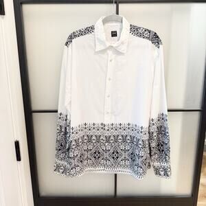 IKE BEHAR Casual Shirt Mens Large L White Black Cotton Long Sleeve Made In Peru